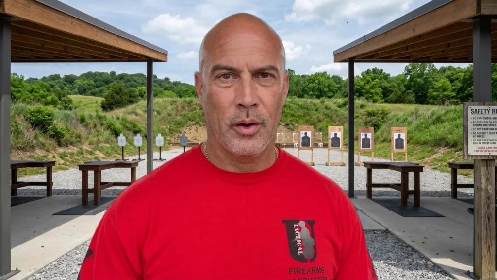 Stephen Cohen wearing a Tactical U shirt at an outdoor firearms training range.