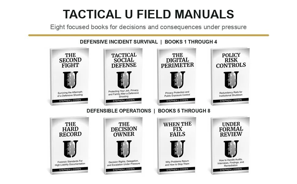 Tactical U Field Manuals showing all eight books by Stephen L Cohen in two connected series.